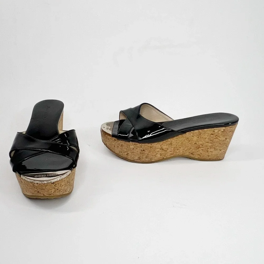 JIMMY CHOO Black Pandora Patent Leather Cork Wedge Platform Sandals 7 (37)